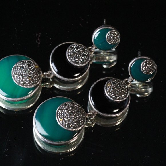 STERLING SILVER DECO ONYX CHALCEDONY LONG EARRINGS - Picture 7 of 12